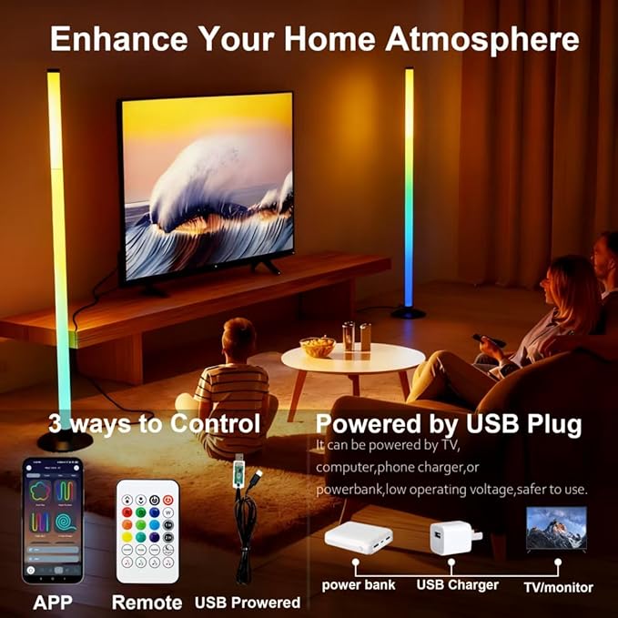 Led Corner Floor Lamp USB Powered with App & Remote Control, IC+RGBW Color Changing Led Lamp Music Sync, Timer Setting, Standing Lamps for Living Room Lamp Bedroom Gaming Room, 1 Pack