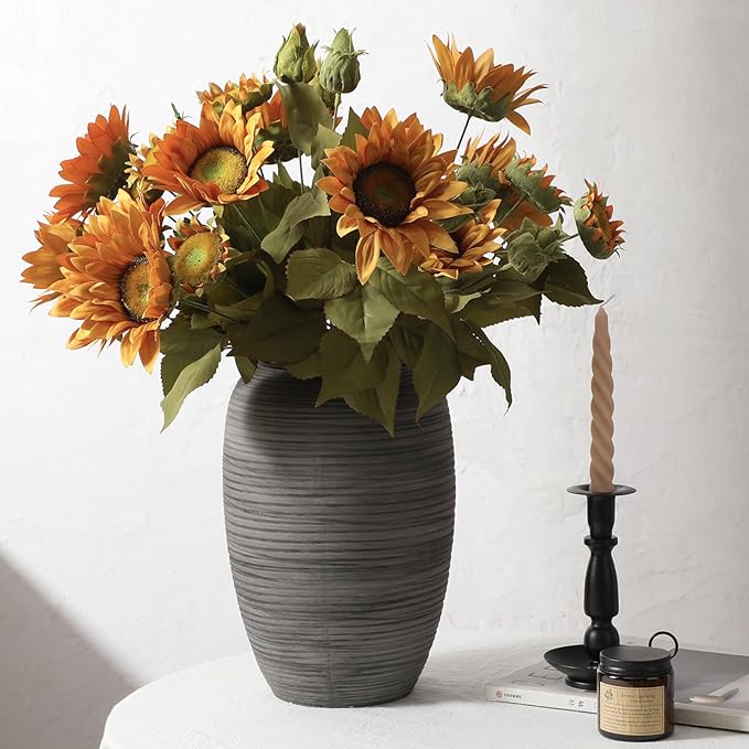 ALMA 12'' Wide Mouth Vase Home Decor, Black Boho Tall Pampas Grass Vase for Table Centerpieces, Grey Rustic Decorative Vase for Living Room, Farmhouse, Entryway, Mantel, Bookshelf