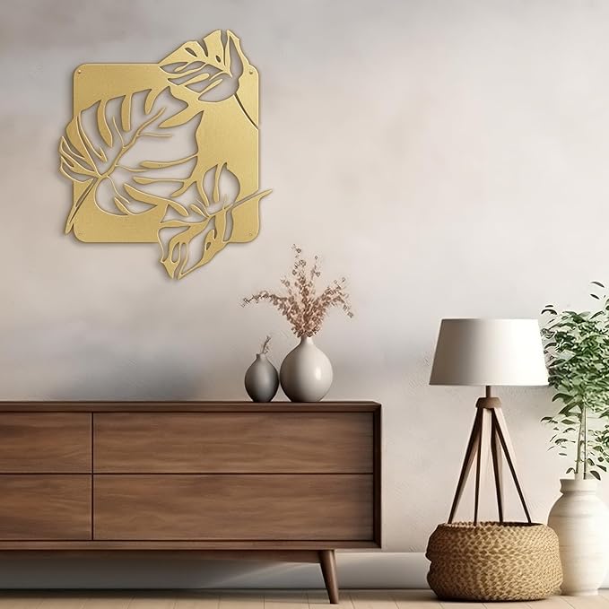 SIGNLEADER Metal Wall Art Decor Tropical Monstera Leaf Minimalist Modern Abstract Wall Sculpture Hangings Home Decoration for Living Room, Bedroom, Bathroom, Kitchen, Outdoor - 18" Gold