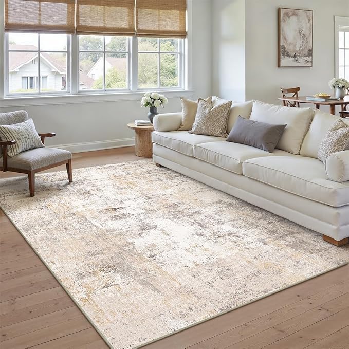 WondRg 6x9 Washable Area Rug Beige Grey Abstract Living Room Bedroom Throw Rug Neutral Modern Non Slip Soft Low Pile Indoor Carpet for Dining Room Office Entryway