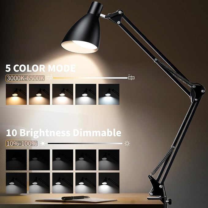 LED Desk Lamp for Home Office - Retro Clamp on Desk Lamp, Metal Swing Arm Architect Lamps with 5 Color Modes & 10 Brightness, Adjustable Gooseneck Clip-on Lamps for Reading Home Craft Puzzle, Black