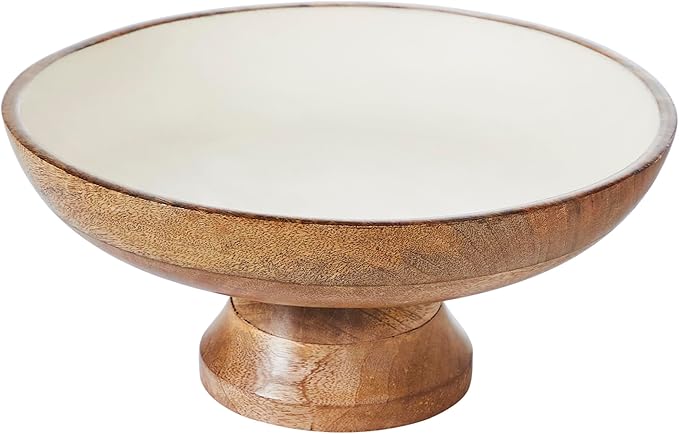 VHC Brands Natural with White Wooden Fruit Bowl 5.5x12x12, Kitchen Decor, Decorative Wooden Pedestal Bowl, Perfect Centerpiece for Table, Island, or Counter