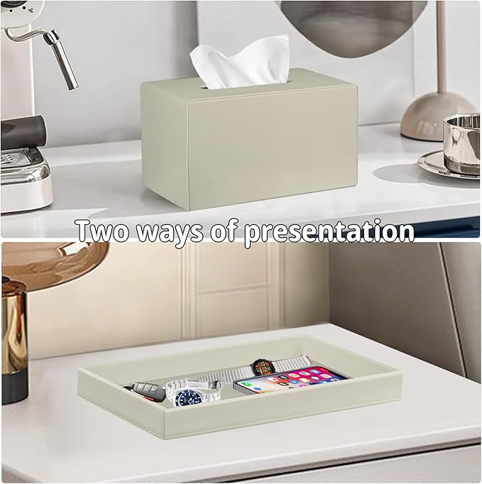 PU Leather Tissue Box Cover Rectangle with Detachable Storage Tray,Fits 230-Count Box Tall Rectangular,Modern Decorative Tissue Box Holder/Organizer for Bathroom,Bedroom Dresser,Night Stand