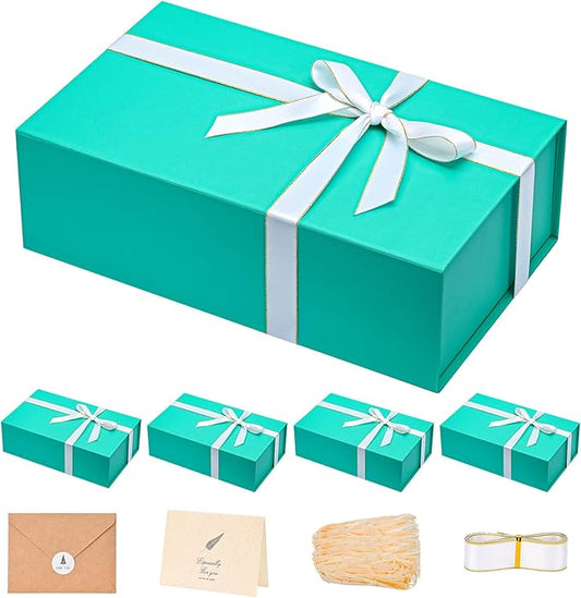 LIFELUM Large Gift Boxes with Lids,5 Pack 13.85 x 8.35 x 4.45 inch Rectangle Collapsible Gift Boxes with Ribbon,Card,Shredded Paper Filler Christmas,Birthdays