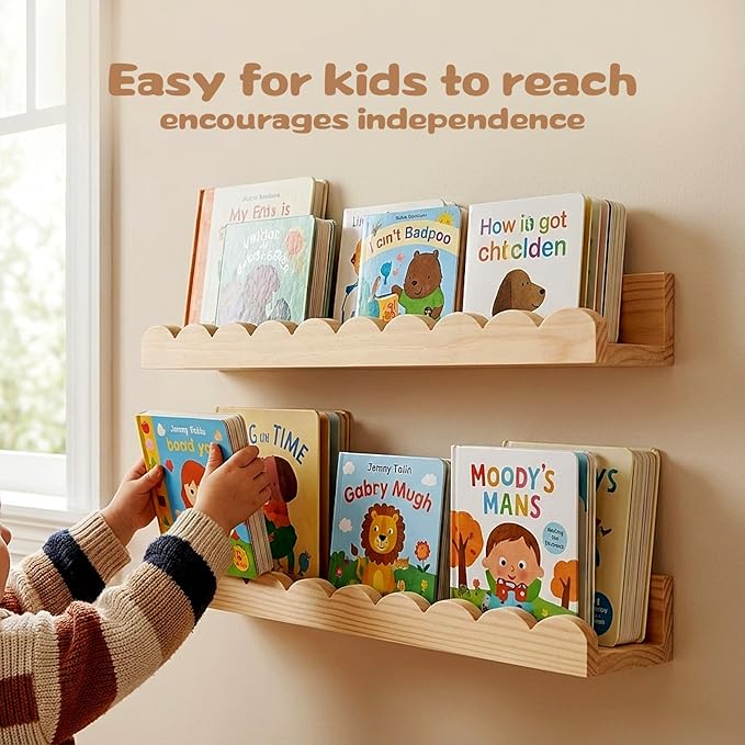 Nursery Floating Shelves for Kids Room, 2 Pack 23.6 Inch Natural Wood Wall Shelves with Scalloped Edge, Kids Bookshelves for Toddler Bedroom, Playroom, Baby Nursery Decor