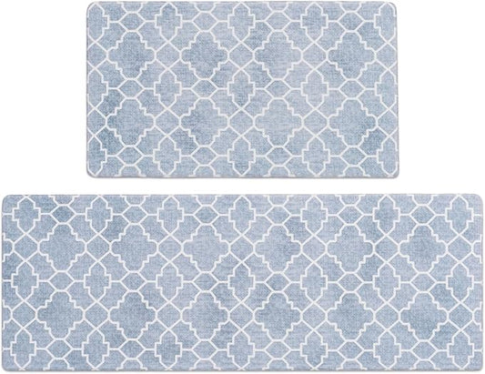 FRESHMINT Kitchen Mat Set of 2, Anti-Fatigue Cushioned Kitchen Mats for Floor, Waterproof Non Slip Comfort Standing Mat, Boho Kitchen Rug for Kitchen Decor, Sink, Office, 17"x30"+17"x47", Lake Blue