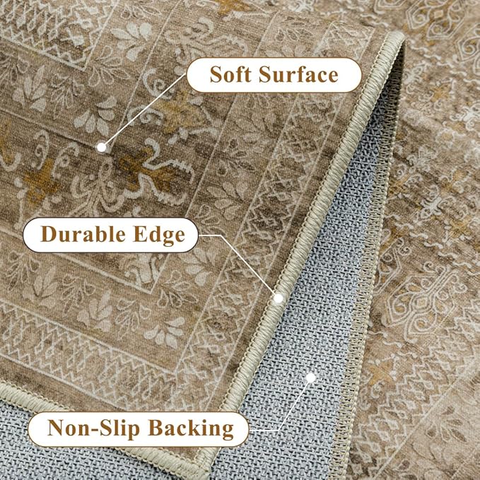 PureCozy Brown 8x10 Area Rug for Living Room Washable Vintage Distressed Large Carpet Bedroom Low Pile Non Slip Indoor Soft Retro Throw Accent Rug Office Kitchen Bathroom Dining Room
