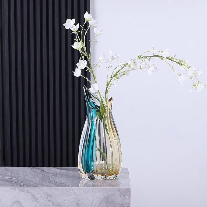 Hand Blown Glass Vase, Medium Wide Mouth Flower Vase Unique Modern Turquoise Glass Art Decor, Nonbreakable Vases for Table Centerpieces Living Room Decorative Amber and Teal Vase