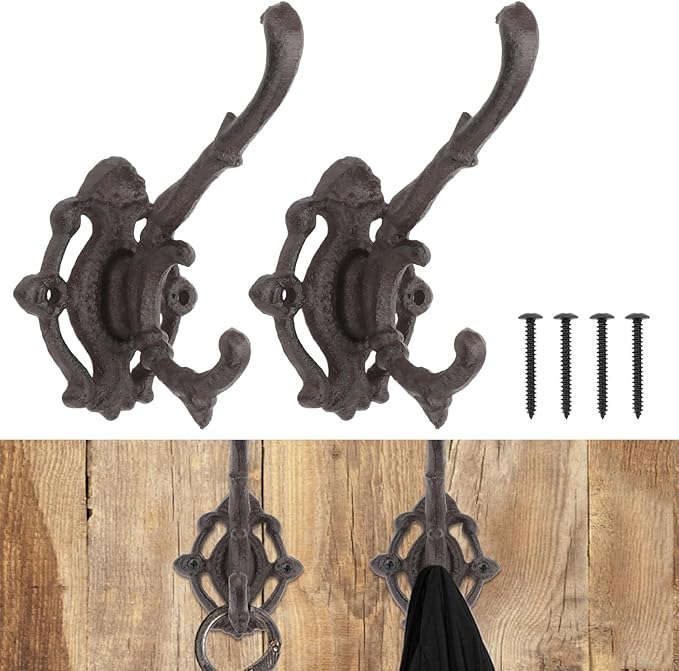 Cast Iron Hooks for Wall Rustic Coat Rack Wall Mount Double Coat Hook Unique Heavy Duty Coat Hooks Wall Decorative Hook for Hallway Hang Clothes Hats 2 Pcs (Double Hook)