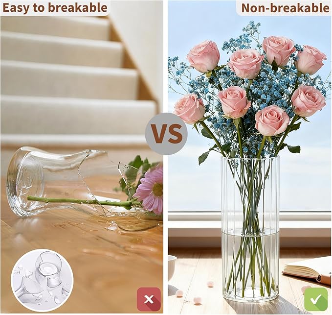 Flower Vase, Non-breakable Vase for Flower, Ribbed Acrylic Vase, 4"W x 12"H Tall Clear Cylinder Vases for Centerpieces, Living Room, Dining Table, Office, Bookshelf Decoration Housewarming Gift