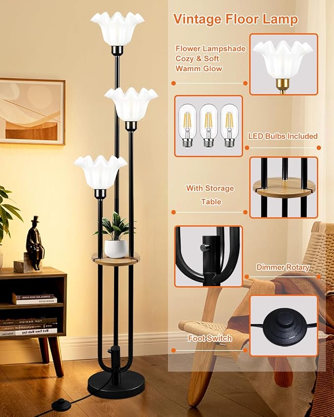 ACOHOOK Flower Floor Lamp for Living Room, Dimmable Vintage Floor Lamp with Shelf &3 LED Bulbs, 3 Light 3000K Soft Warmwhite Mid Century Black Standing Lamp, Floral Tall Lamp for Bedroom Office