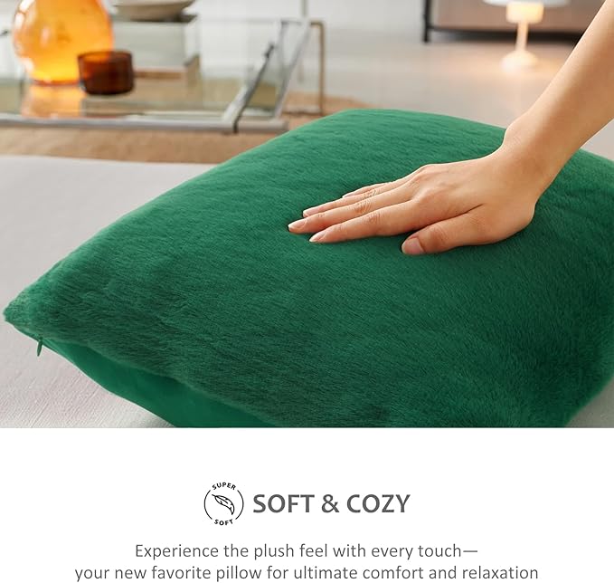 Pallene Faux Fur Plush Christmas Throw Pillow Covers 16x16 Set of 2, Soft Fluffy Couch Pillow Covers for Living Room, Christmas Green