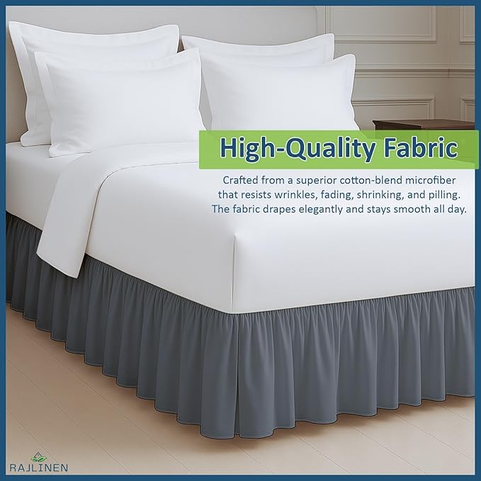 Rajlinen Ruffled Bed Skirt California King, 12 Inch Drop Dust Ruffle with Split Corners, 100% Microfiber Bedskirt with Platform, Three-Sided Coverage Ruffled Gathering Design, Dark Grey