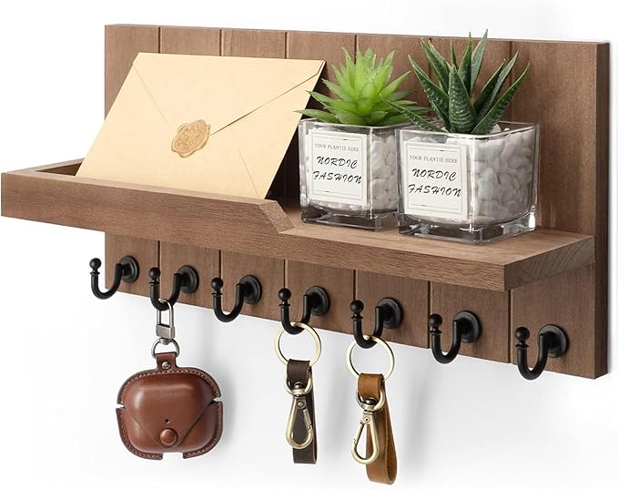 Rebee Vision Key Holder for Wall - Farmhouse Rustic Mail Organizer Floating Shelf for Home Kitchen Entryway Decor with 7 Sturdy Key Hooks (Retro Brown,15-inch)