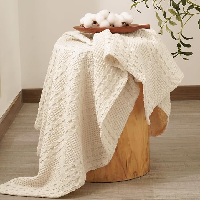 PHF 100% Cotton Waffle Weave Throw Blanket, Soft Lightweight Breathable Cozy Throws for Couch Bed Sofa, 300 GSM Luxury Aesthetic Blanket Gift for Home Decor & Office, 50"x60", Natural