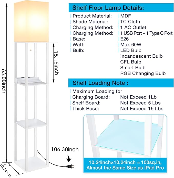 SHINE HAI Shelf Lamp, Modern Standing Lights with 1 USB Port and 1 Type C Port and 1 Power Outlet, 3-Tiered Display Floor Lamps with Shelves for Living Room, Bedroom, Office - White