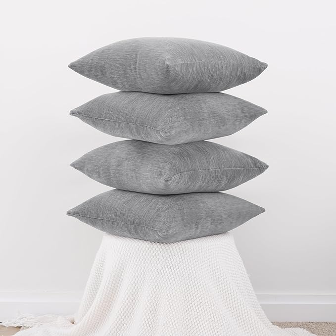 Set of 4 Grey Throw Pillow Covers 24x24 Inch, Neutral Boho Farmhouse Aesthetic Decorative Pillow Cases for Couch, Sofa, Living Room & Bed, Soft Chenille Pillow Cases, Stylish Home Decor, 60x60 cm