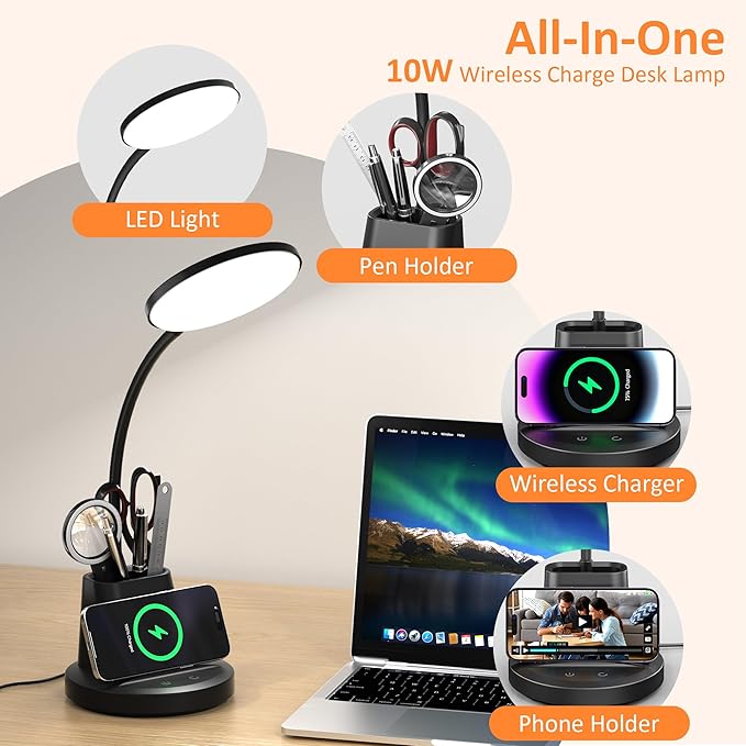 Desk Lamp with Wireless Charger, LED Desk Lamp for Home Office with Pen Holder, Dimmable Eye-Caring Study Desk Light Flexible Arm 3 Color Modes for College Dorm, 800 Lumens CRI 90