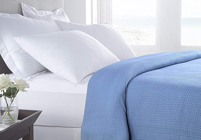 HILLFAIR 100% Combed Cotton Blanket– California King Size Bed Blanket – Warm Soft All Season Breathable Blankets – 102 x 108 inch Extra Large Oversized California King Cotton Blankets for Bed- Blue