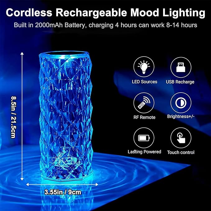 Crystal Table Lamp (Touch & Remote), 4 Modes 16 Color Changing Night Light, Rechargeable, Dimmable, RGB Rose Diamond Ambient Mood Lighting, Protable Cordless Desk Lamp for Bedroom Living Room Party