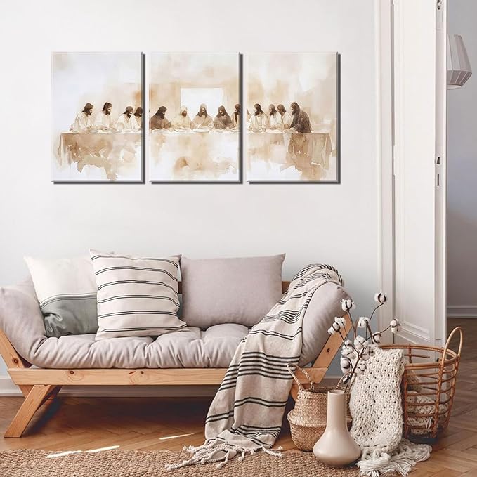 3Pcs Frame Jesus Last Supper Canvas Wall Art Christian Bible Famous Paintings Wall Decor Pictures Renaissance Painting Posters Prints for Corridor Dining Living Room Kitchen Bedroom Decoration 12x16in