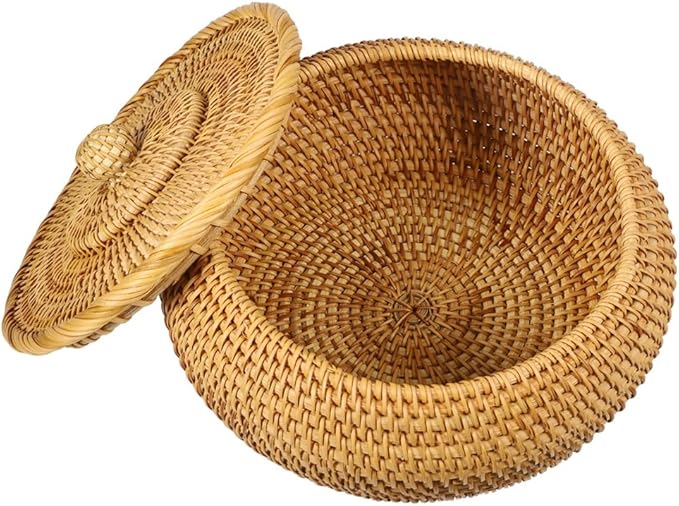 Handwoven Rattan Storage Basket with Lid – Picnic Bread Fruit Snack Multi-Purpose Organizer Bin for Kitchen, Pantry, Living Room, Home Décor
