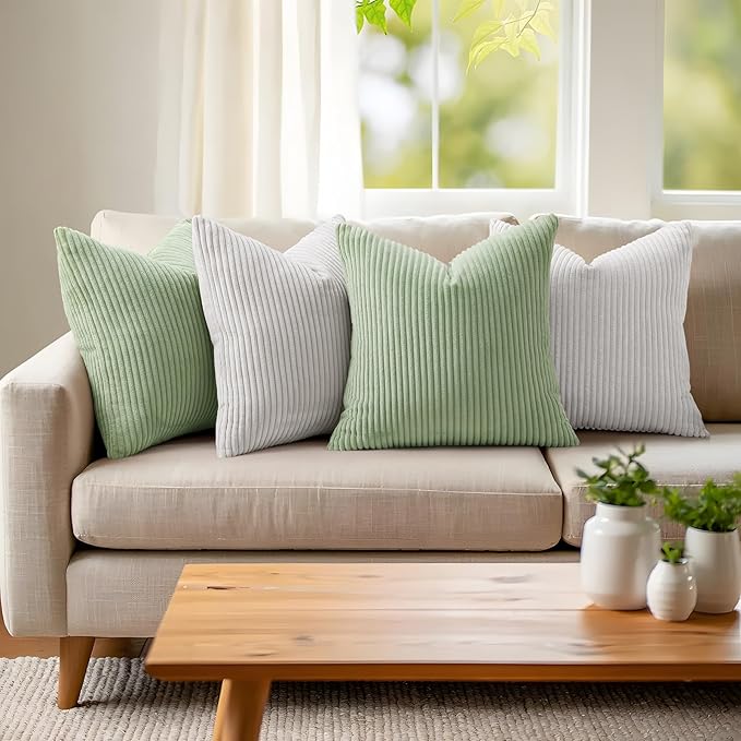Mecatny Corduroy Decorative Throw Pillow Covers 22x22 Set of 2 for Sofa Living Room, Soft Neutral Boho Couch Pillow Covers for Home Decor, Sage Green