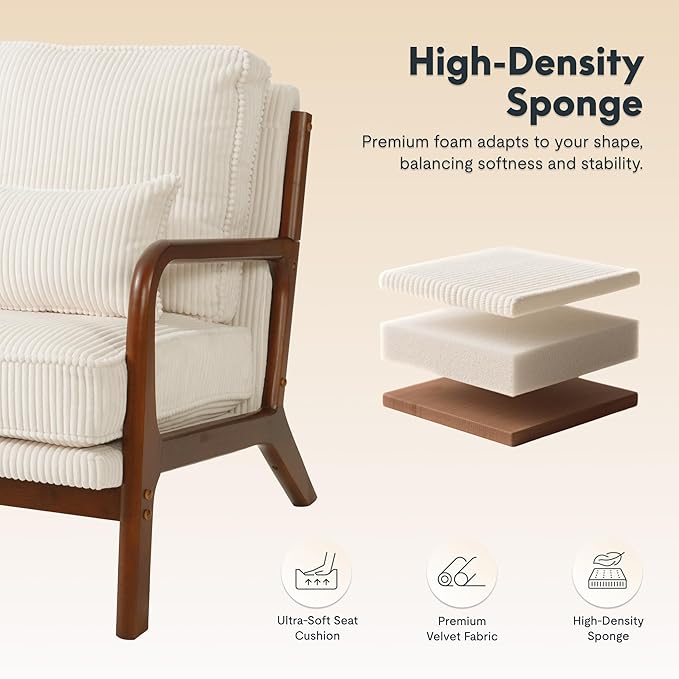 FLEXISPOT AC1 Accent Chair, Mid-Century Modern Armchair with Wood Frame, Comfy Corduroy Upholstered Reading Chair with Lumbar Pillow, 8" Thick Cushion for Living Room Bedroom Sunroom(White)
