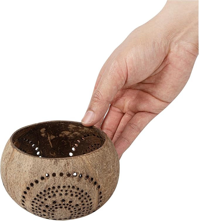 Restaurantware-Coco Casa 4 x 3.3 Inch Coconut Shell Candle Holders, 10 Reusable Tealight Holders - Candle Not Included, Rainbow Pattern, Tan Coconut Bowls For Candles, Handcrafted