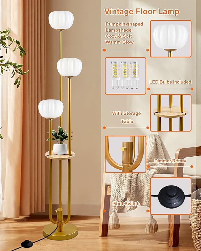 Lightdot Gold Floor Lamp with Table, Modern Dimmable Floor Lamps with Pumpkin Lampshade, 3000K Soft Warm White Bulbs Included, 3-Light Tall Standing Lamp for Living Room/Bedroom