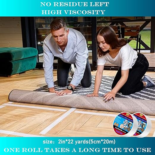 SJZQ Double Sided Carpet Tape 2 in x 22 yd Heavy Duty - Strong Adhesive for Area Rugs, Mats, Stairs on Hardwood, Tile, Concrete Floors No Residue Removable