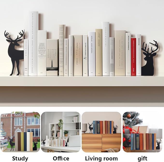 Geelin Reindeer Metal Bookends Set of 2 Black Reindeer Head Christmas Book Ends for Shelves Elk L Shaped Book Organizer for Desk Organizer Deer Lovers and Reading Enthusiasts