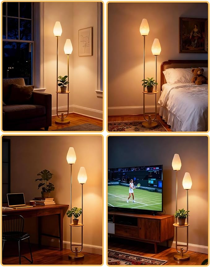 Lightdot 63IN Gold Floor Lamp with Shelf, Mid Century U-Shaped Tall Standing Lamps with 2 Rock-Shaped Lampshades, 3000K Warm White Unique Modern Dimmable Floor Lamp for Living Room/Bedroom