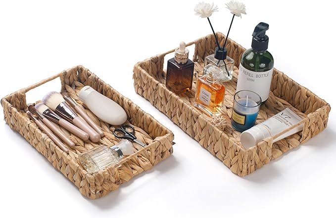 2 Pack Water Hyacinth Tray with Handles, Rectangular Wicker Serving Tray, Woven Serving Basket for Coffee Table, Bathroom, Living Room, Kitchen