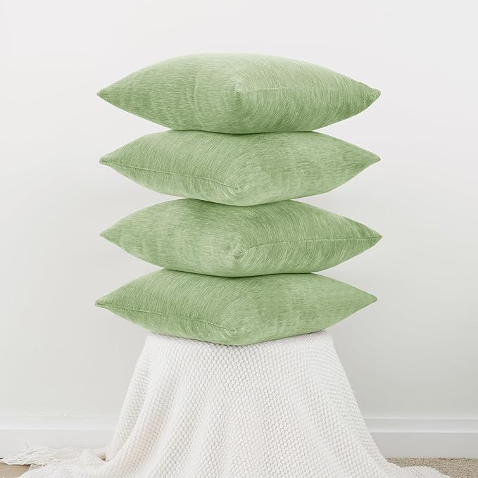 Set of 4 Sage Green Throw Pillow Covers 18x18 Inch, Neutral Boho Farmhouse Aesthetic Decorative Pillow Cases for Couch, Sofa, Living Room & Bed, Chenille Pillow Cases, Stylish Home Decor, 45x45 cm