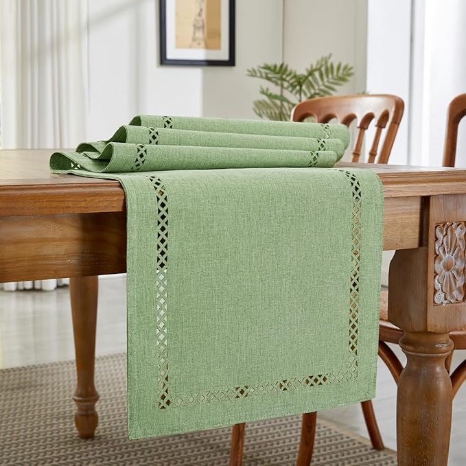 Burlap Style Farmhouse Table Runner, 13 x 90 Inch Avocado Green, Rustic Geometric Hollow Table Runners 90 Inches Long for Dresser Table Everyday Use, 13x90 Inches, Avocado Green
