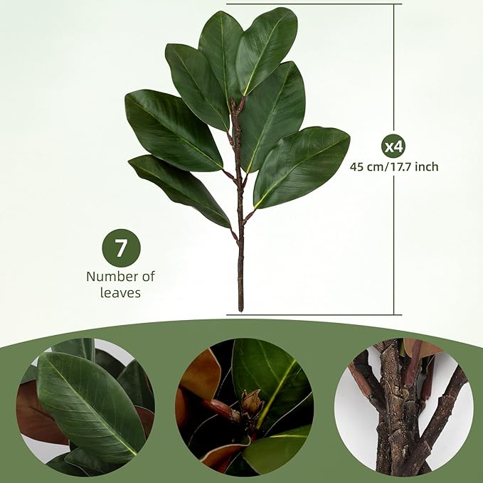 4PCS 17.7 Inch Magnolia Artificial Leaves Branches 3D Real Touch 28 Leaves Bulk Faux Magnolia Stems for Indoor Outdoor Vase Filling Home Wedding Floral Arrangement Decoration