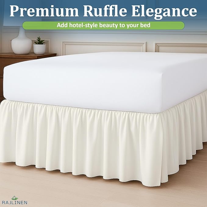 Rajlinen Ruffled Bed Skirt King, 8 Inch Drop Dust Ruffle with Split Corners, 100% Microfiber Bedskirt with Platform, Three-Sided Coverage Ruffled Gathering Design, Ivory