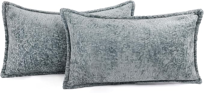 DEZENE Pack of 2 Dusty Blue Decorative Throw Pillow Covers 12x20 Cozy Soft Chenille Boho Accent Vintage Farmhouse Rectangular Lumbar Couch Pillow Covers for Home Decor Bed Sofa Living Room