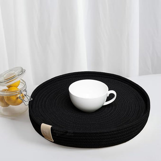 Art PineCone's Woven Cotton Rope Round Placemats Set of 4 with Holder Included, Non-Slip, and Heat Resistant Shabby Chic Placemats (Black, 13 inch Plus Coaster)