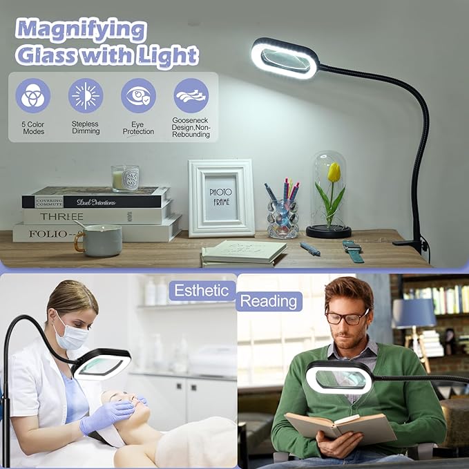 Drdefi 10X Rectangular Real Glass Magnifying Glass with Light and Stand, 24" Flexible Gooseneck Floor Lamp, 5 Color Modes Stepless Dimmable, 3-in-1 LED Lighted Magnifier Light Hands Free for Reading
