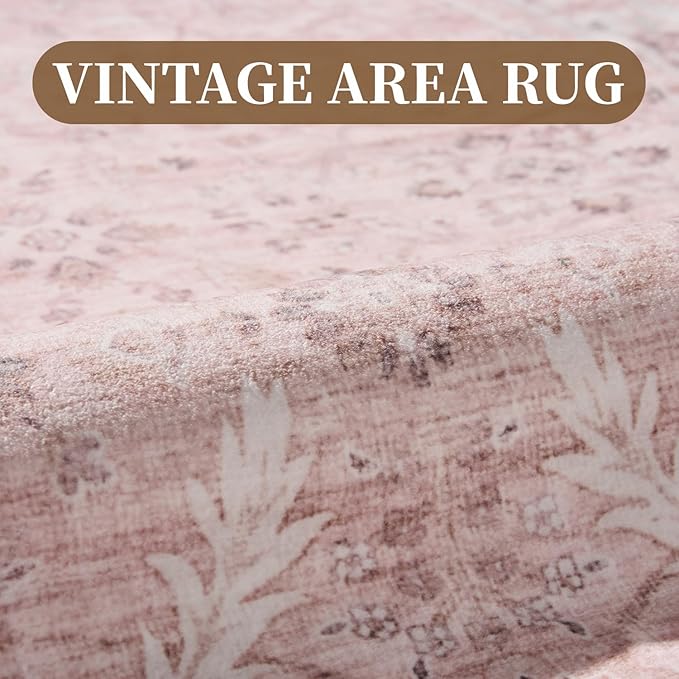 MontVoo-Vintage Area Rug 6X9 Pink Rugs for Living Room-Soft Distressed Printed Rugs for Bedroom-Non Slip Carpet-Machine Washable Rug for Dining Room Living Room Bedside Office