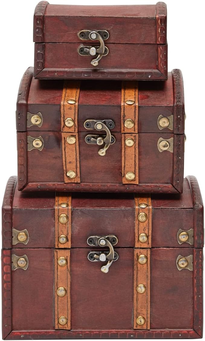 Juvale Treasure Chest Storage Boxes - Dark Brown Wood, Antique Style, Set of 3 - Pirate Chest Decor & Treasure Box for Classroom, Party Decorations & Kids Toy Organization