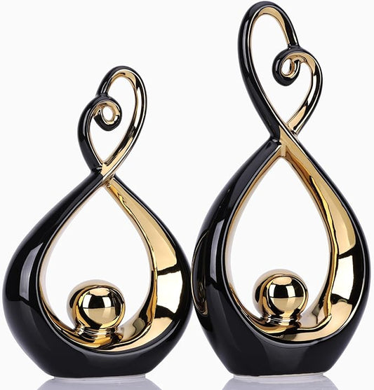 DOVDOV Modern Art Home Decor, Ceramic Abstract Sculpture 2 Piece Set, Black and Gold Statue Decoration, Gorgeous Home Decor for Rooms, Bookshelves, Coffee Tables with Decorative Aesthetics.