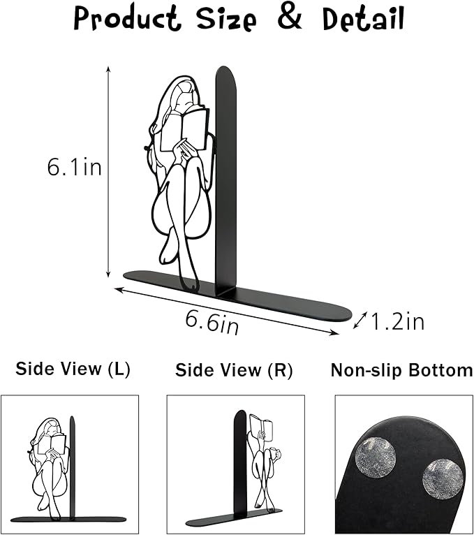 Reading Bookends Decorative for Shelves - Girl Reading Statue Bookends, Metal Black Book Ends Decor for Heavy Books, Novelty Bookish Decor for Home Library, Book Lovers Gift for Women & Students
