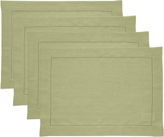 Solino Home Linen Placemats Set of 4 - Classic Hemstitch Moss Green Placemats 14 x 19 Inch - 100% Pure Linen Table Mats for Winter, Spring, Easter, St Patricks Day