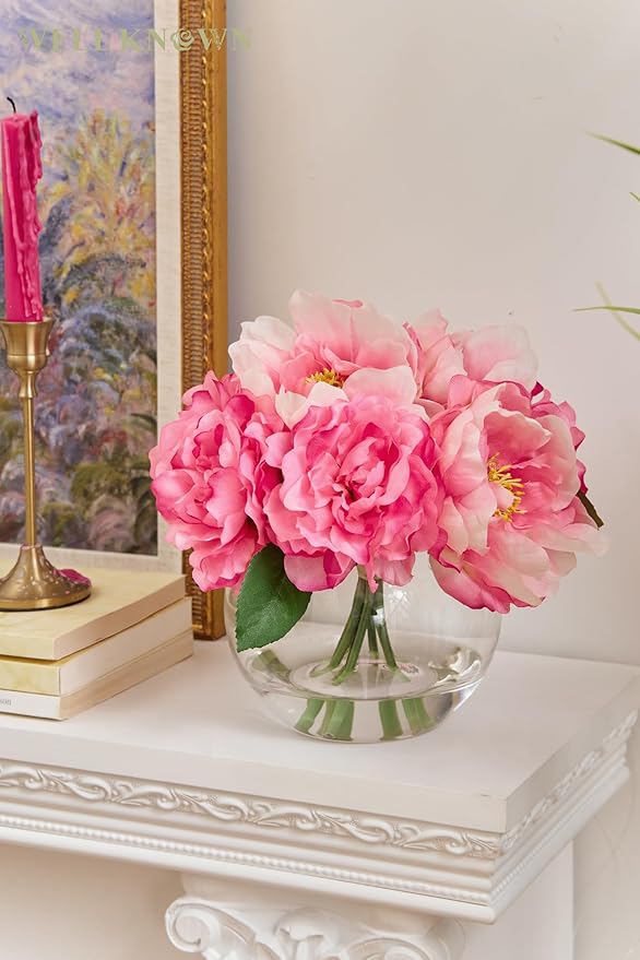 Artificial Flowers in Vase, Silk Peonies Bouquet for Vase with Faux Water, Fake Peony Pink Flower Arrangement for Home Wedding Birthday Party Dining Table Centerpiece Spring Festival Decor Mom's Gift