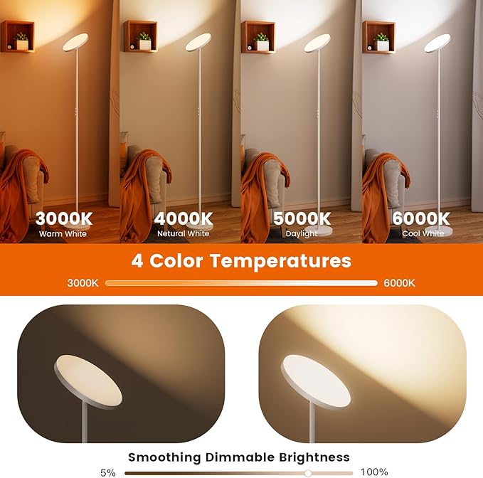 WOWLUMEN Floor Lamp,Bright 36W 3500LM Standing Lamp with Remote, 2700K Soft White to 6500K Cool White Adjustable,Touch Control Dimmable Torchiere Tall Light for Living Room,Bedroom,Office,Sofa(White)