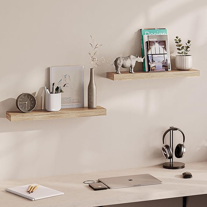Ballucci Floating Shelves for Wall, 24" Wood Wall Shelf Set of 2, with Invisible Brackets for Bathroom, Living Room, Bedroom, Kitchen, Nursery, 8" Deep, Oak Finish
