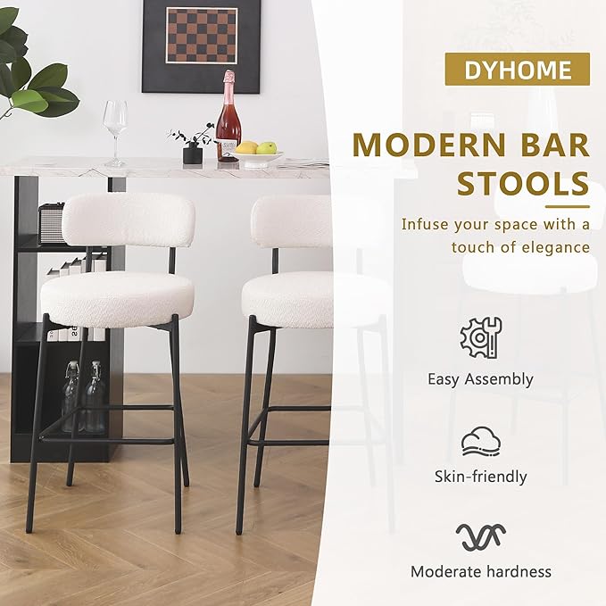 DYHOME Bar Stools Set of 2, White 28 Inches Boucle Counter Height Bar, Modern Bar stools Chairs Upholstered Barstools with Back & Footrest Metal Legs, Stools for Kitchen Island, Counter, Cafes